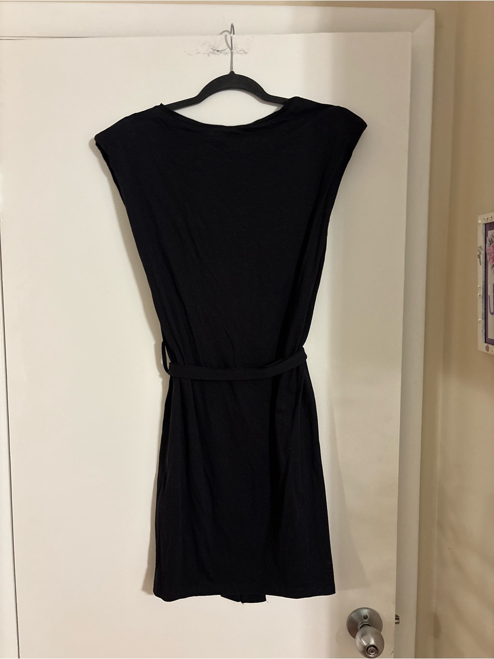 Timeless Black Midi Dress with Belted Waist and Shoulder Pads